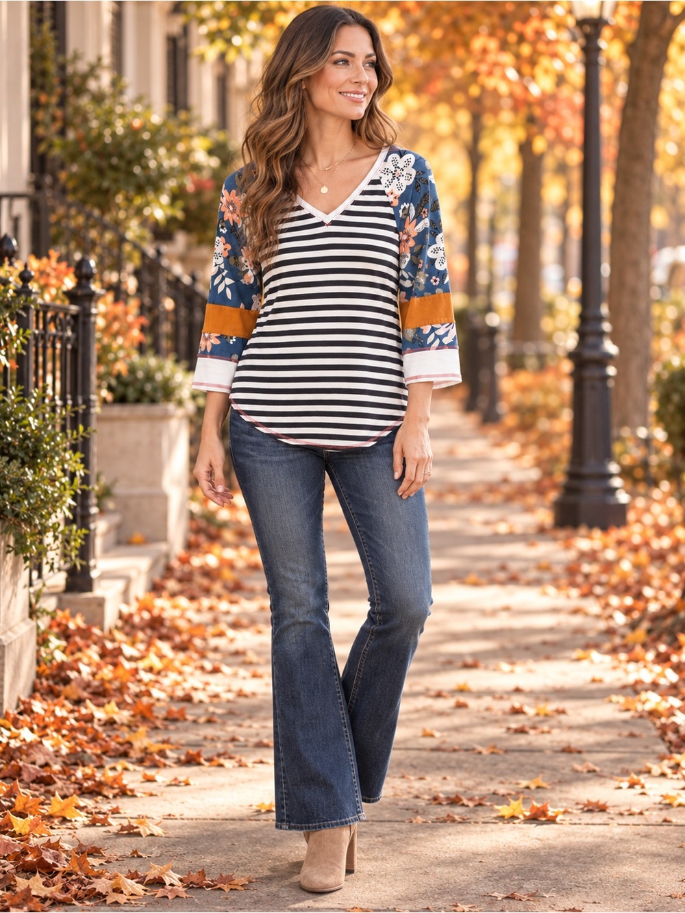 Matilda Jane Medium Striped Floral Mixed Print 3/4 Sleeve V-Neck Top